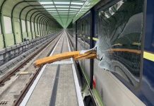 快訊/台中捷運行駛中遭工地鋼樑插入 6乘客受傷停駛中 圖/民眾提供、爆料網公開版