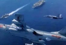 陸轟-6K戰略轟炸機驅離美航母 圖為轟-6K戰略轟炸機及美航母戰鬥群組合照。(引自REDIAN新聞網)