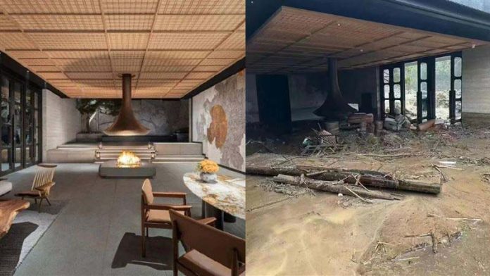 受暴雨衝擊，悉曇酒店遭夾帶的洪水沖毀，可見大廳內遍地都是樹枝，和先前營業模樣，判若雲泥。圖／轉引微博