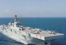 共軍小航母 075型兩棲戰艦排水量4萬噸 高20層樓 大陸075型兩棲攻擊艦的首艦海南號。圖/截圖自大陸央視微博