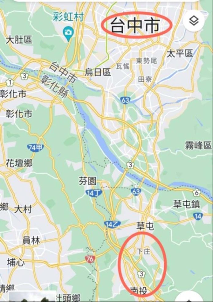 臺中與中興新村位置圖(Coogle Map)