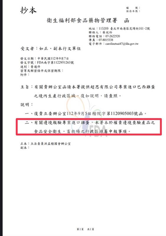 食藥署根本搞不清楚超思進口巴西雞蛋是否來自禽流感牧場。圖／取自洪孟楷臉書