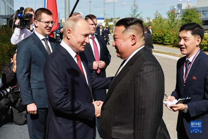 北韓領導人金正恩與俄羅斯總統普丁在東方太空發射場會面。圖／取自新華社