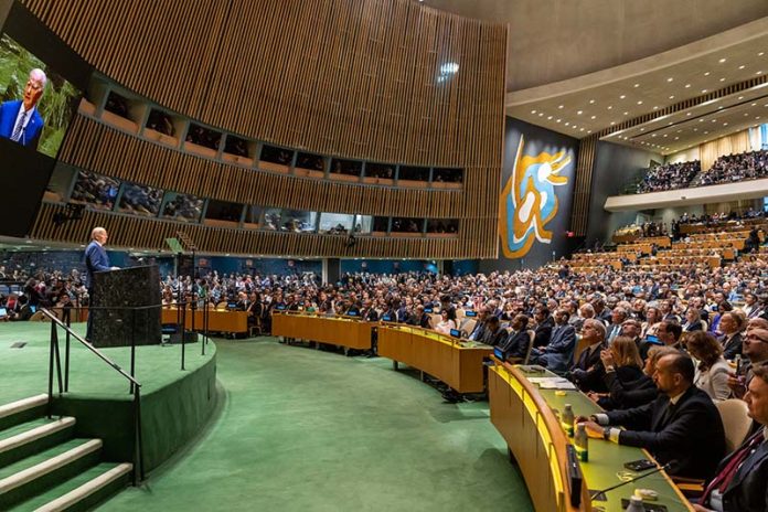 美國總統拜登19日在聯合國大會演說，呼籲世界不能姑息俄國對烏克蘭的侵略。圖／取自President Joe Biden粉絲專頁