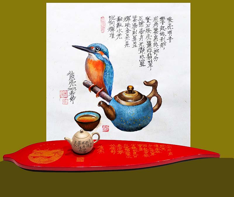 吳德亮的茶票詩畫、漆器茶盤與手拉題詩新文人壺。