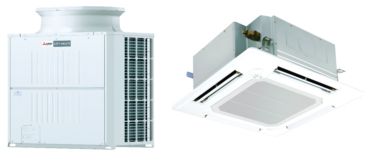 三菱電機CITY MULTI VRF空調系統YKDT系列：室外機（左）採用全新高效能渦卷式壓縮機及風扇馬達設計，兼具高效能、低功耗，提升室外機運作穩定性。