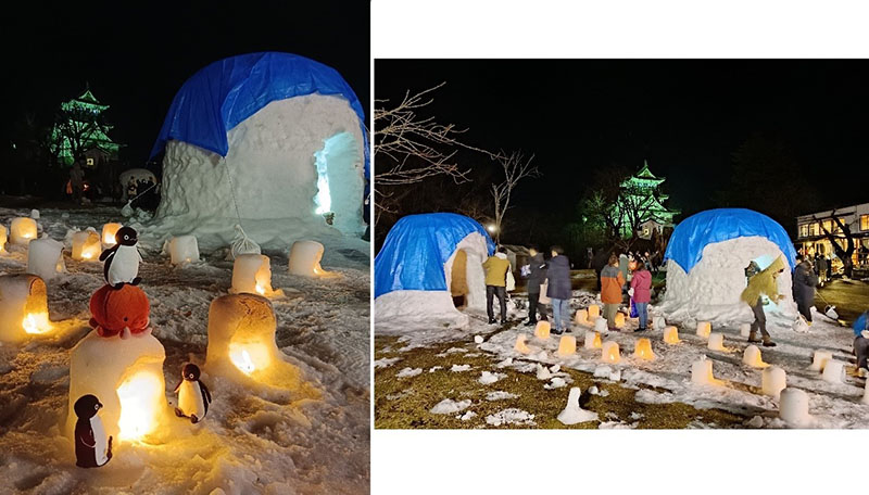 左邊照片中的大小雪屋頗為浪漫，但把鏡頭拉遠，沒雪的窘況一覽無疑。