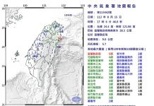 宜蘭近海發生5.7級極淺層地震 全台多地有感 圖/氣象署