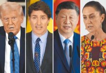 國戰會論壇/川普的關稅戰不會讓美國更偉大(譚傳毅) 川普大打關稅戰,中、加、墨也以牙還牙。左起為美國總統川普、加拿大總理杜魯道、大陸國家主席習近平、墨西哥總統薛恩鮑姆。