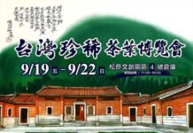 跨越唐/宋/明/清四代時空 台灣國際珍稀茶葉博覽會19日盛大登場 以吳德亮水彩畫作「台北茶鄉」為背板的主舞台更添文化氛圍。攝影/吳德亮