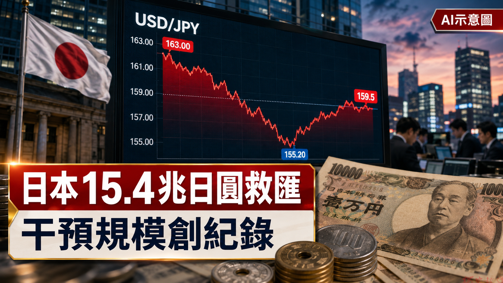 日本砸15.4兆日圓救匯創紀錄 日圓仍徘徊160關卡 日本砸15.4兆日圓救匯創紀錄 日圓仍徘徊160關卡