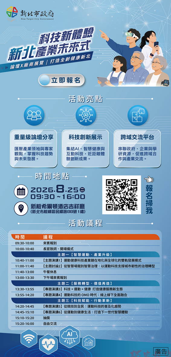 新北市8月25日舉辦科技新體驗活動 21家企業展示AI與智慧健康創新應用 新北市8月25日舉辦科技新體驗活動 21家企業展示AI與智慧健康創新應用