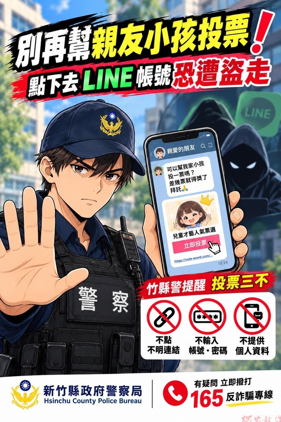 LINE「幫小孩投一票」詐騙橫行 杜文中與竹縣警教「投票三不」 LINE「幫小孩投一票」詐騙橫行 杜文中與竹縣警教「投票三不」