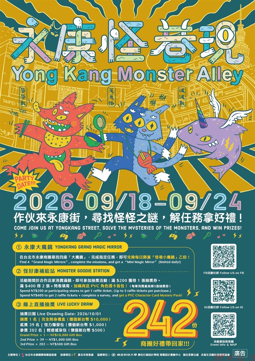 三大怪獸降臨永康街!四座大魔鏡、242份好禮9/18登場 永康商圈攜手明志科大 打造互動式巷弄尋寶體驗 三大怪獸降臨永康街!四座大魔鏡、242份好禮9/18登場 永康商圈攜手明志科大 打造互動式巷弄尋寶體驗