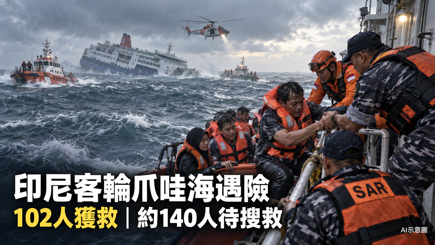 印尼客輪爪哇海遇險 102人獲救、約140人待搜救 印尼客輪爪哇海遇險 102人獲救、約140人待搜救