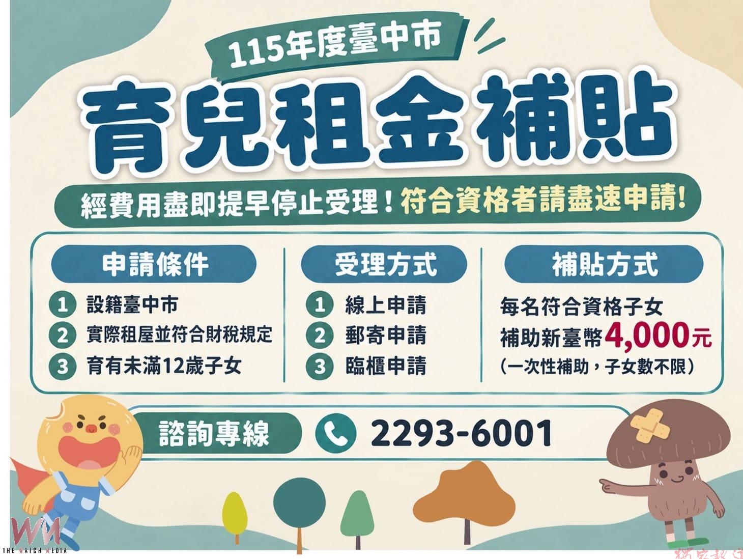台中市育兒租金補貼每名子女4,000元 住宅處籲經費將用罄儘速申請 台中市育兒租金補貼每名子女4,000元 住宅處籲經費將用罄儘速申請