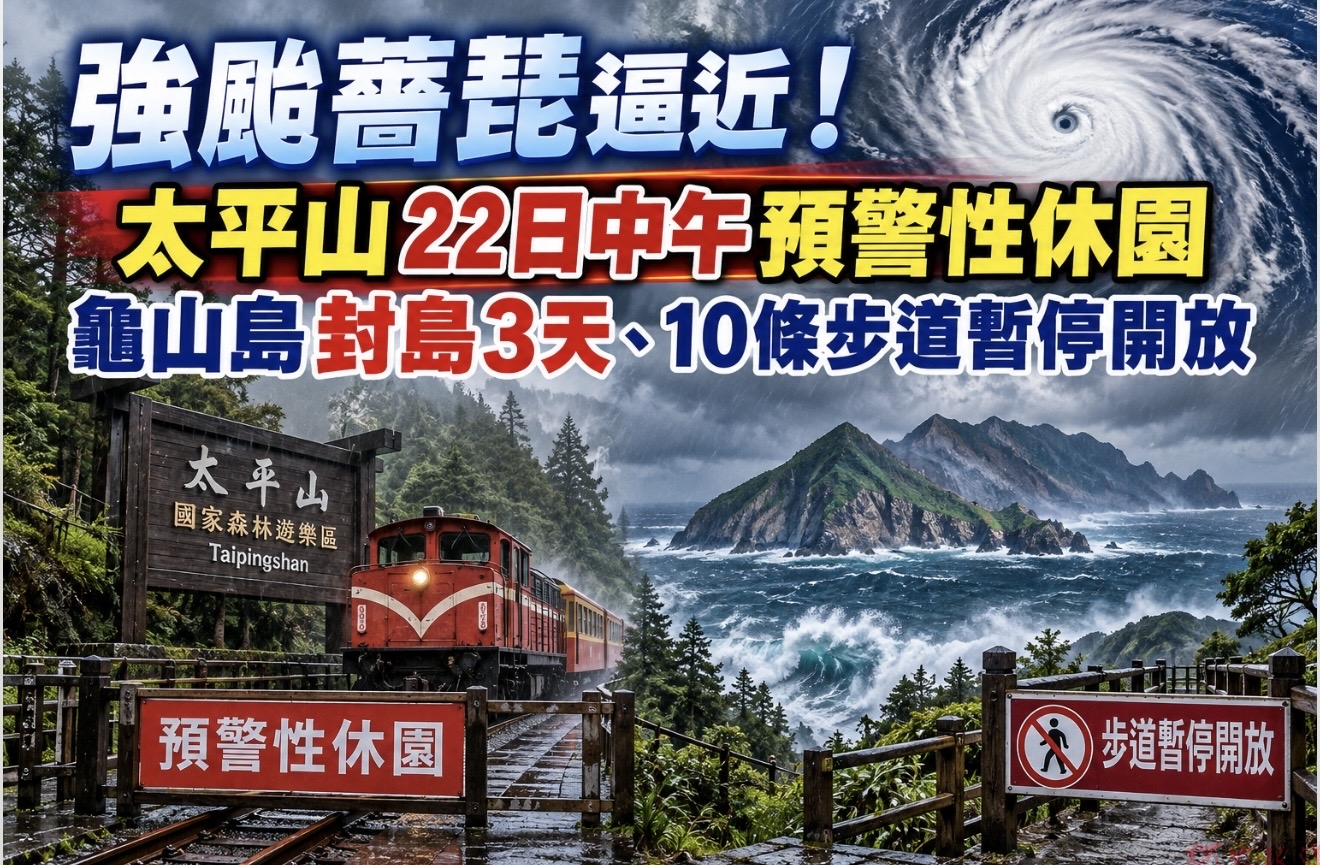 強颱薔琵逼近!太平山22日中午預警性休園 龜山島封島3天、10條步道暫停開放 強颱薔琵逼近!太平山22日中午預警性休園 龜山島封島3天、10條步道暫停開放