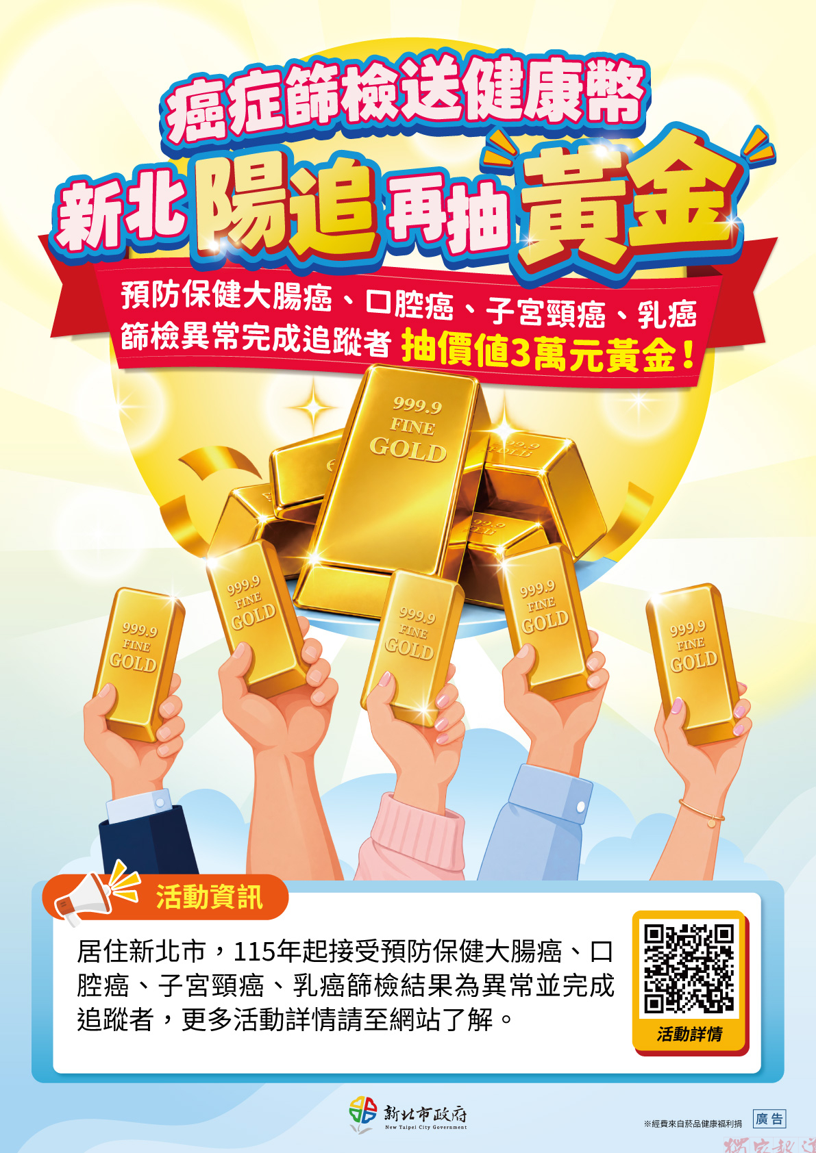 新北市鼓勵民眾參與癌症篩檢異常追蹤並加碼推出抽黃金獎項 新北市鼓勵民眾參與癌症篩檢異常追蹤並加碼推出抽黃金獎項