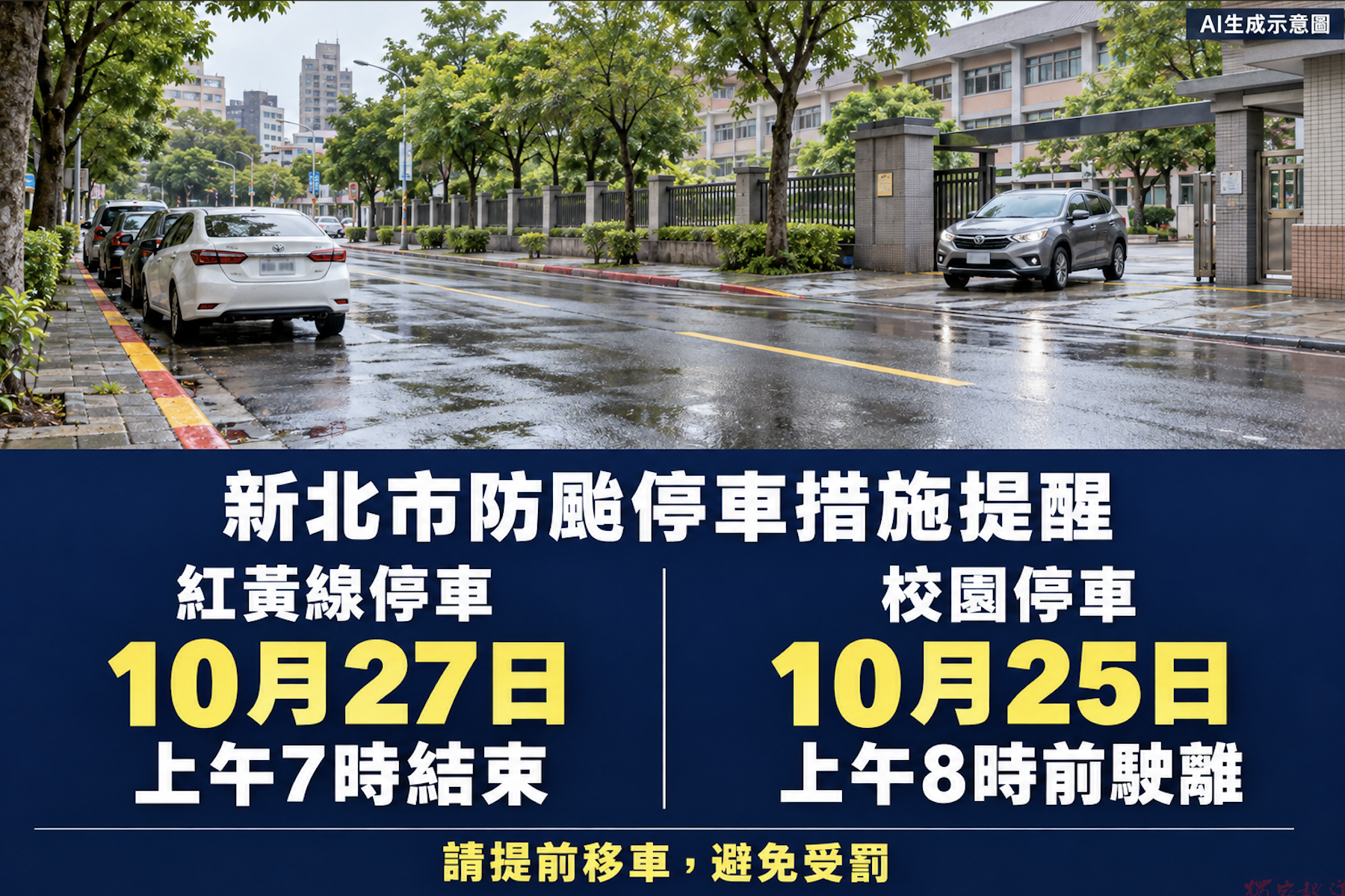 新北交通局宣布紅黃線停車至27日上午7時 校園停車請於25日上午8時前駛離 新北交通局宣布紅黃線停車至27日上午7時 校園停車請於25日上午8時前駛離