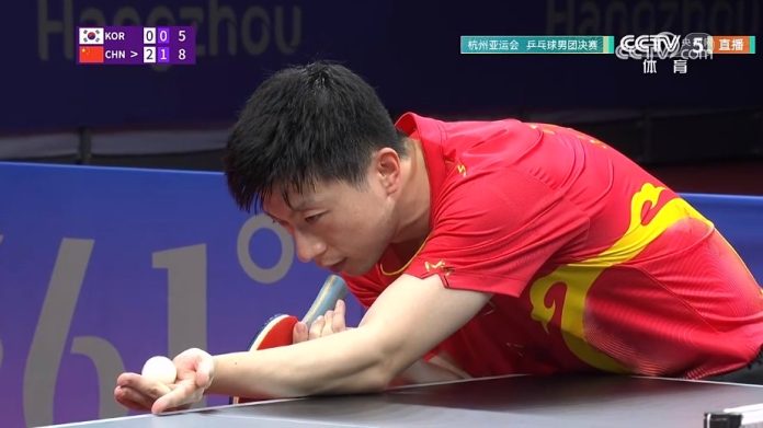 由王楚欽、樊振東和馬龍（見圖）組成的中國大陸桌球男團擊敗韓國隊，取得亞運八連冠。（圖片來源：央視網）