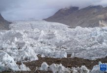 瑞士冰川在兩年內消減了10% 全球暖化危及瑞士冰川.圖為位於西藏浪卡子縣與康瑪縣交界處的崗布冰川.(新華社)