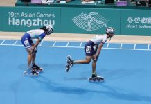 【杭州亞運】 滑輪溜冰女子1萬公尺「台灣內戰」 施沛妤、楊合貞金包銀 女子競速溜冰1萬公尺計點淘汰賽,施沛妤與楊合貞分別拿到金、銀牌。(中華奧會提供)