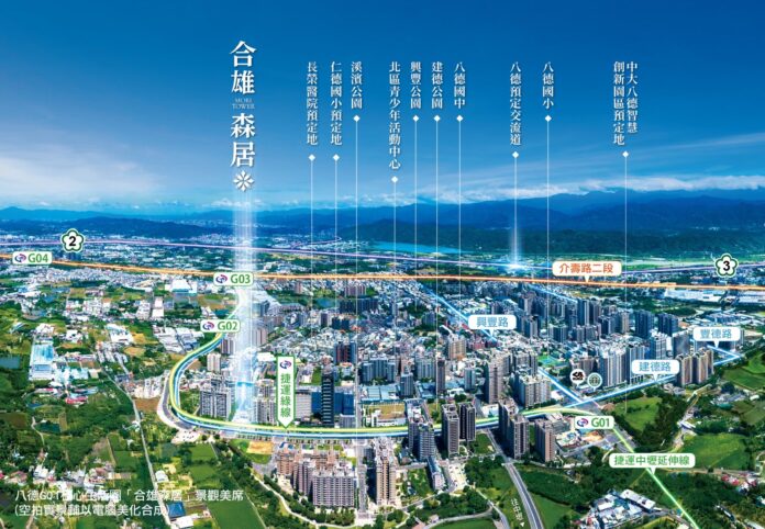 八德 G01 捷運生活圈示意，「合雄森居」坐落捷運綠線核心，串聯主要道路與城市建設，兼具交通便利與景觀綠意。（空拍示意圖）。( 圖 / 業者提供 )