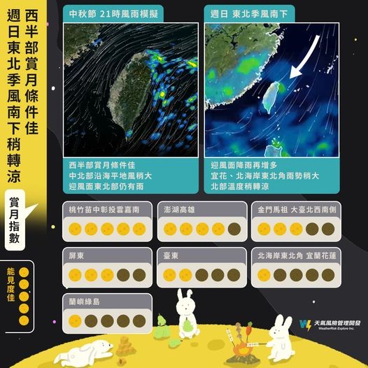 氣象粉專「天氣風險 WeatherRisk」，中秋節想賞月可能需要一點運氣。圖／引自「天氣風險 WeatherRisk」臉書