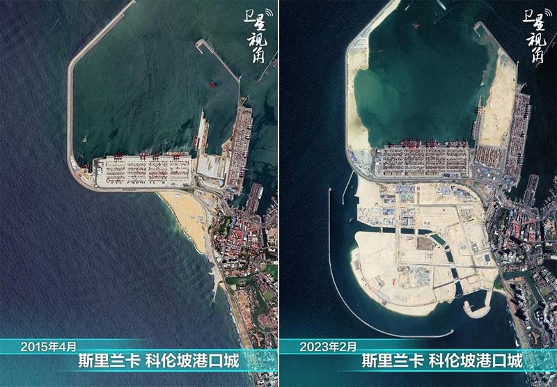 「一帶一路」協助許多開發中國家建設，圖為北京和斯里蘭卡共建的「可倫坡港口城，顯星顯示7年來變化巨大。圖／新華社