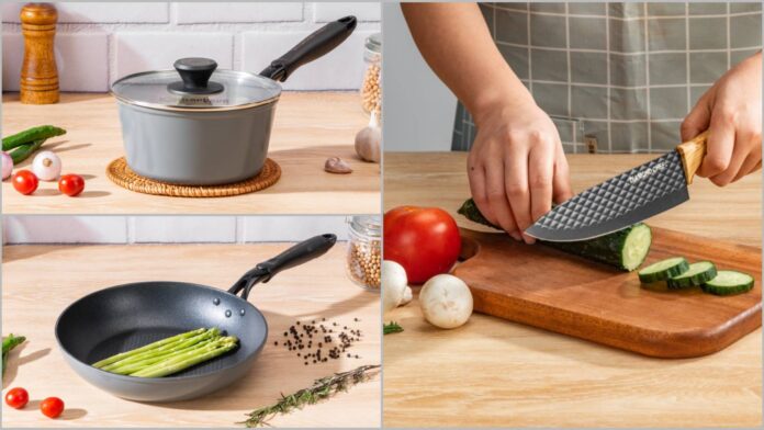 本次海霸王與DiAMOND CHEF合作2026年菜，購買指定年菜，即贈DiAMOND CHEF黑金石墨烯湯鍋(18公分)、平煎鍋(24公分)及刀具。( 圖／ DiAMOND CHEF提供 )