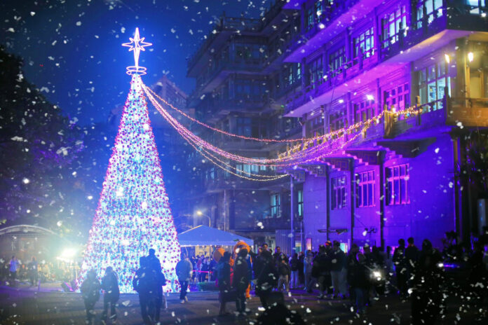 wm20251212152045976967 文化大學聖誕點燈盛典熱鬧登場,15公尺聖誕樹閃耀夜空,片片雪花飛舞,浪漫氛圍洋溢整個百花池。(圖/文化大學提供)