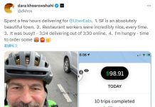 Uber執行長臥底載客送餐揭自家瘡疤 開「糟糕大會」改進 2021年,Uber執行長花幾個小時在舊金山送餐,並在推特留下貼文。圖/翻攝自dara khosrowshahi (@dkhos) / X