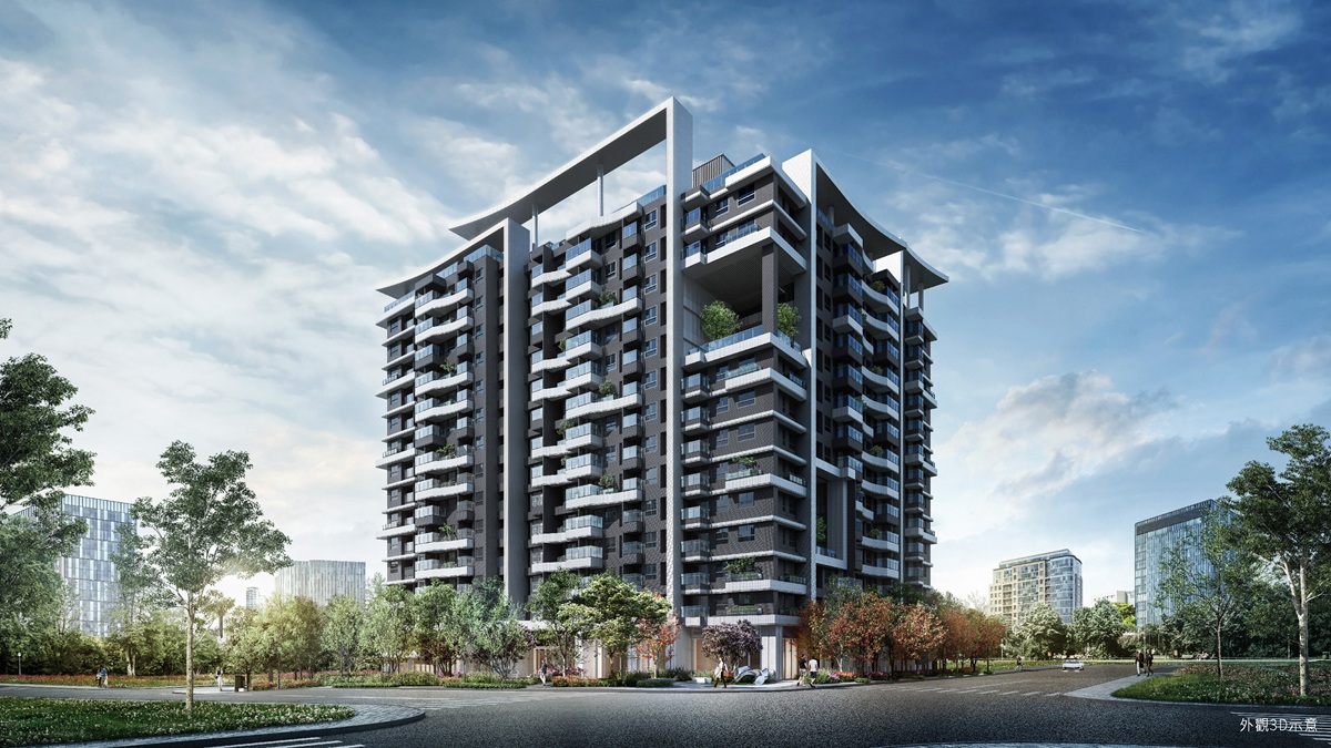 「遠雄敦富」三面臨路擁1,311坪大基地、25~37坪2~3房務實格局，現階段主打高樓層、大棟距、面公園2房2衛，客餐廳、主、次臥三個空間都擁有採光，是市場少有的「旗艦版2房」。(圖為選雄敦富外觀3D示意)